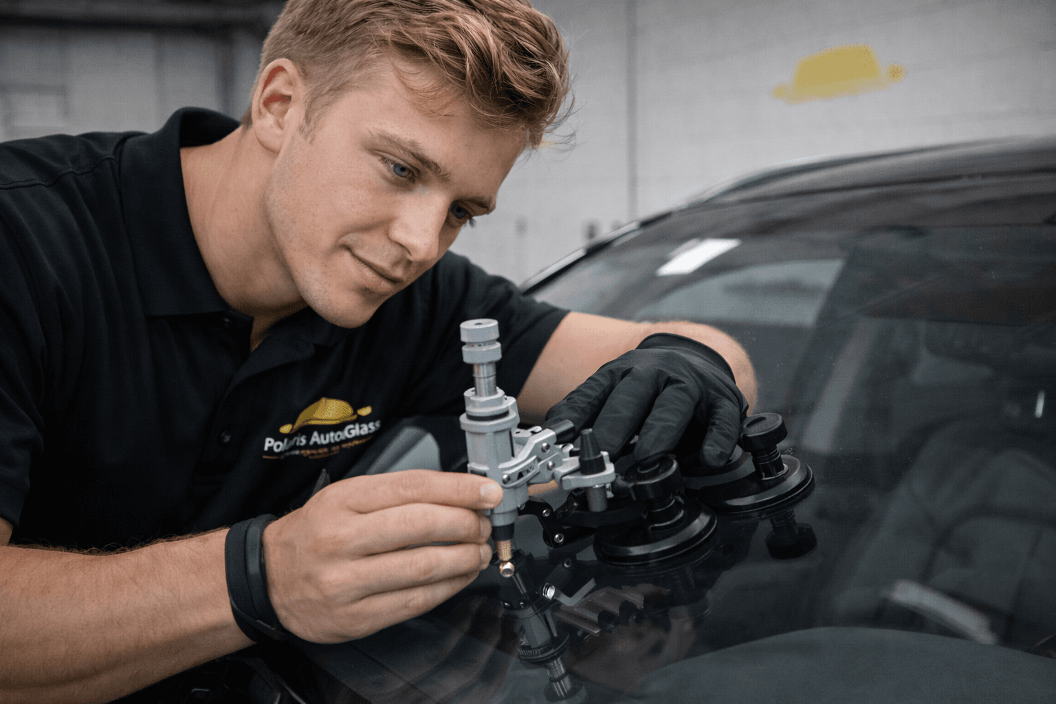 Polaris AutoGlass technician performing windshield chip repair with bridge tool
