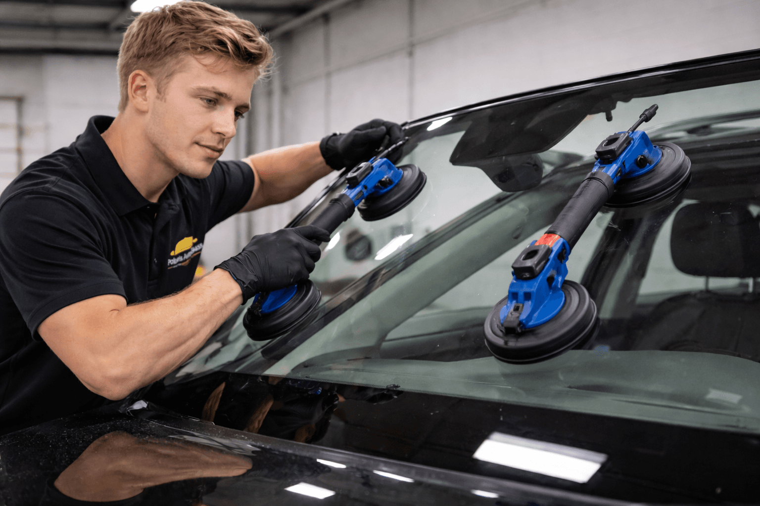 Polaris AutoGlass technician installing windshield with suction cups