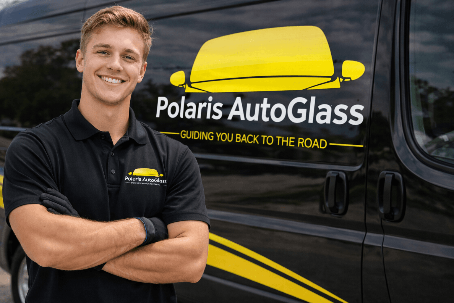 Polaris AutoGlass technician in front of service van